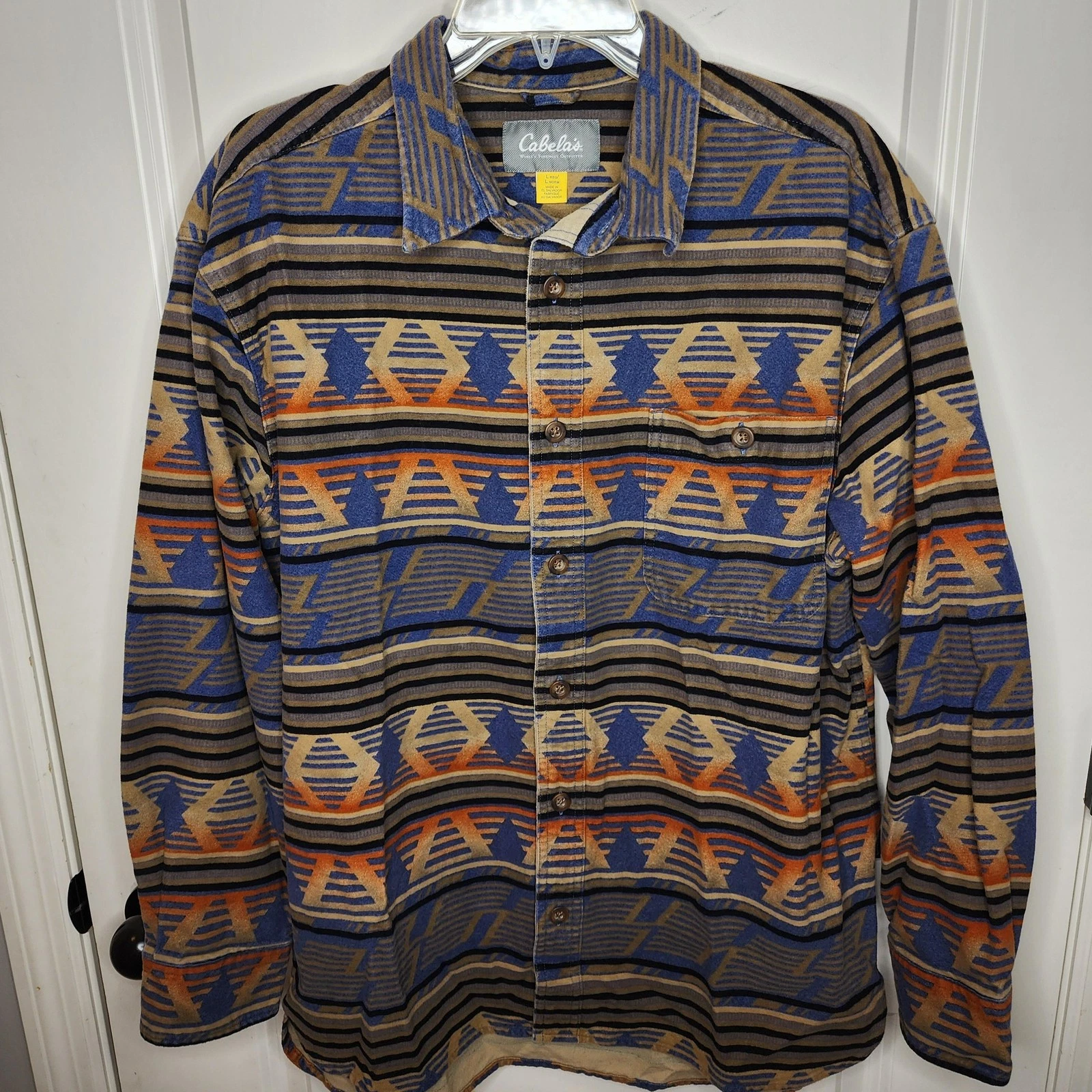 Cabela's Shirt Mens Large Blue Aztec Southwestern Print Button Up Long Sleeve