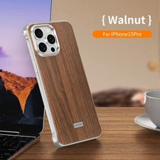 Shockproof Magnetic Wood Grain Frameless Metal Case For iPhone 15 16 17 Pro Max
