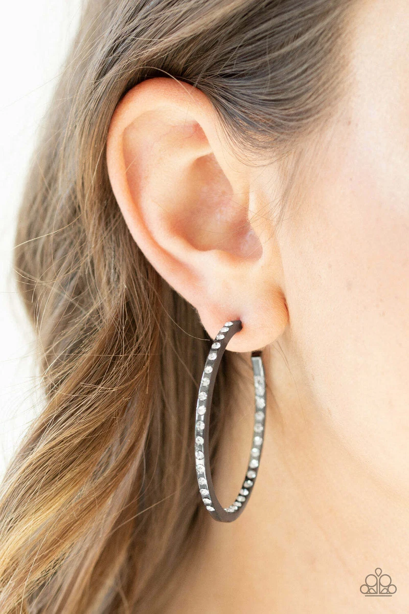 Coming into money black sale hoop earring paparazzi
