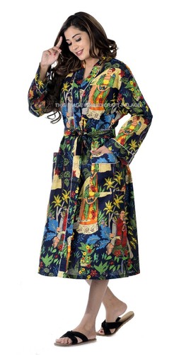 Indian Printed Cotton Kimono Nightwear Robe Women Dress Gown Maxi - Picture 3 of 5