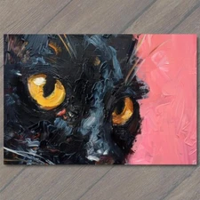 4x6"  Black Cat Yellow Eyes Pink Pet Background Painting Cute Fun Feline