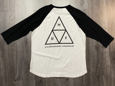HUF Mens Reglan T Shirt Large White Black Cotton Triple Triangle Long Sleeve 