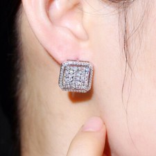 Women Silver Plated Stud Earrings Square Shape Cubic Zirconia Party Jewelry Gift