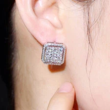 Women Silver Plated Stud Earrings Square Shape Cubic Zirconia Party Jewelry Gift