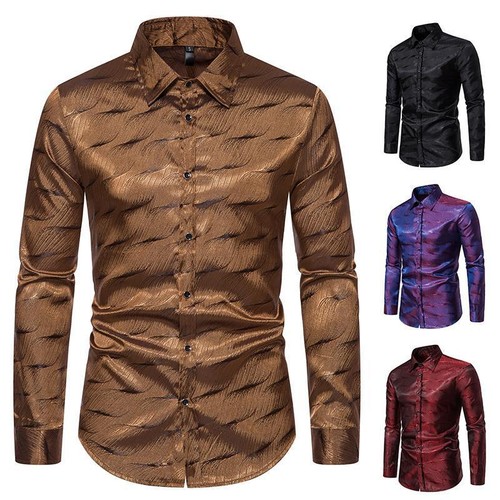 Men Shiny Shirt Button Blouse Satin Dance Show Shirt Party Stage Costume Shirt - Picture 6 of 14