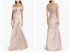 LA FEMME Champagne Beaded Off Shoulder Pleated Satin Mermaid Maxi Gown Dress 4