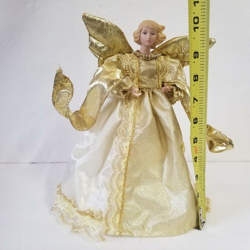 10" Angel Tree Topper Ceramic Head Blonde Gold Wings Dress Lace Holiday Ornament - Picture 2 of 8