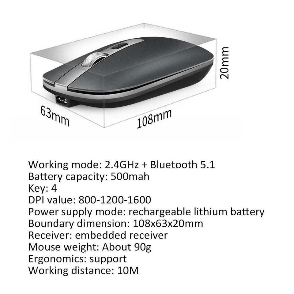 Bluetoothfit Rechargeable Dual Mode Wireless LED Mouse for PC Laptop Slim Silent - Image 3 of 4