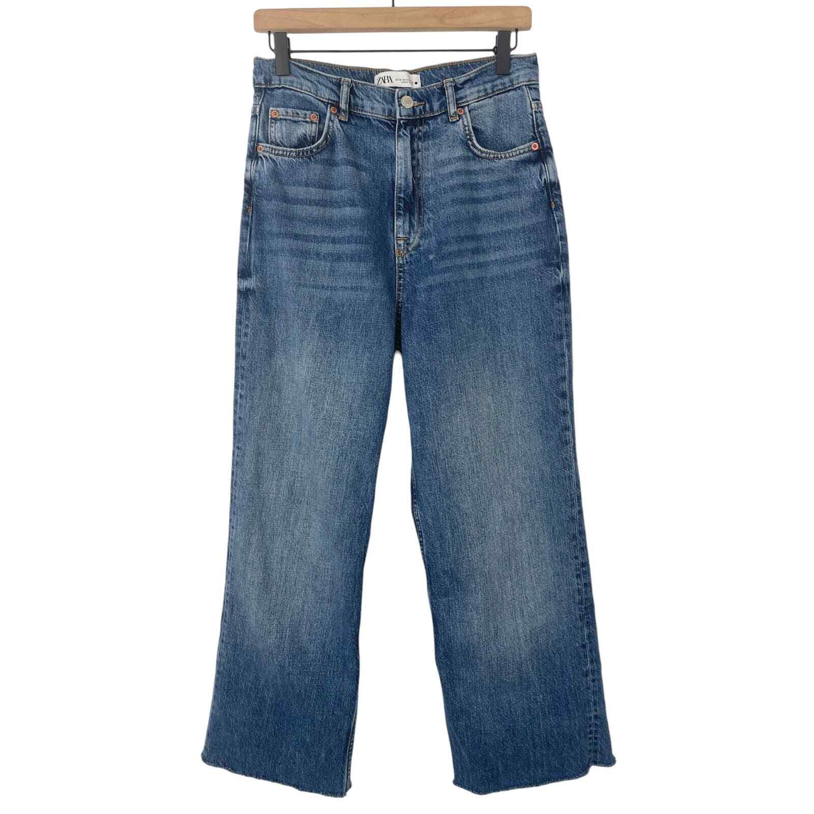 Zara Wide Leg Raw Hem Ultra High Rise Boyfriend Blue Jeans Size