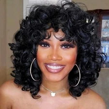 Short Afro Kinky Curly Wig With Bangs Fashion Highlight Fiber Wig Dress Party US