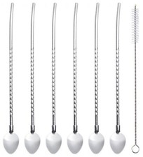 6 1pcs Spoon Straws Reusable Stainless Steel Drinking Spoon Straws with Brush
