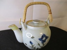 VIntage Unbranded Gray with Blue Flowers Stoneware Tea Pot w/Bamboo Handle
