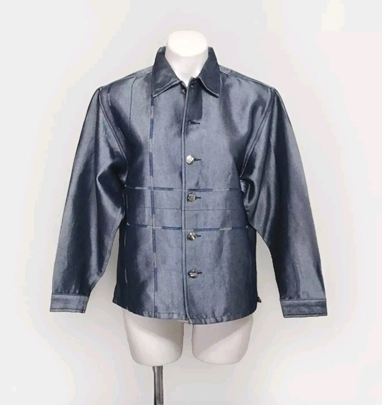 Outech Men's Metallic Shiny Gray Oversized Button Up Denim Jacket Medium