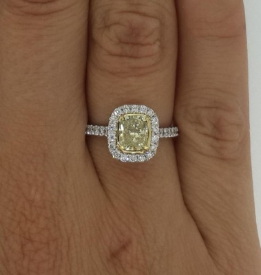 2 Ct Fancy Yellow Halo Pave Cushion Cut Diamond Ring VS1 Canary