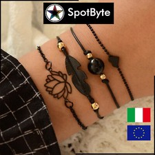 Set di 4 Bracciali Neri con Piume Fiori di Loto Perline e Cuore Lucido