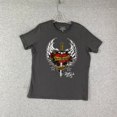 Bret Michaels T-Shirt Womens Sz L Gray Graphic Unbroken Heart Dagger Wings Rose