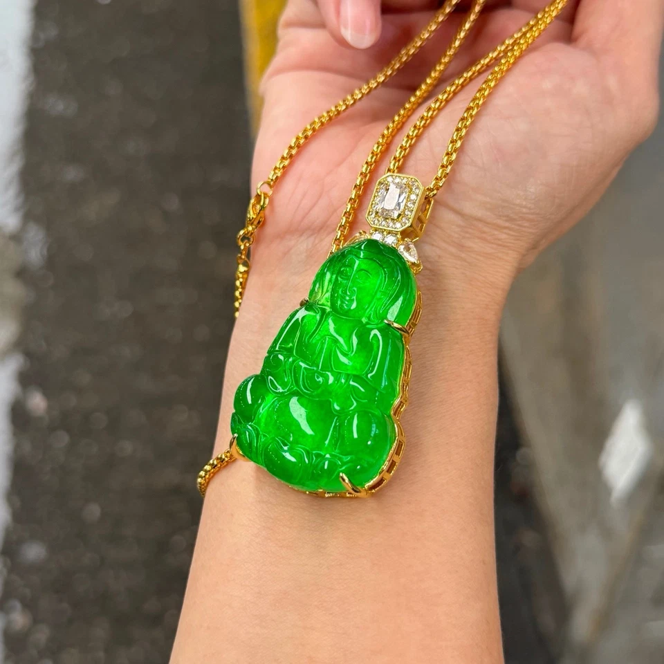 Colgante y collares amuleto guanyin jadeíta verde hielo alto natural real Foto 3 de 4