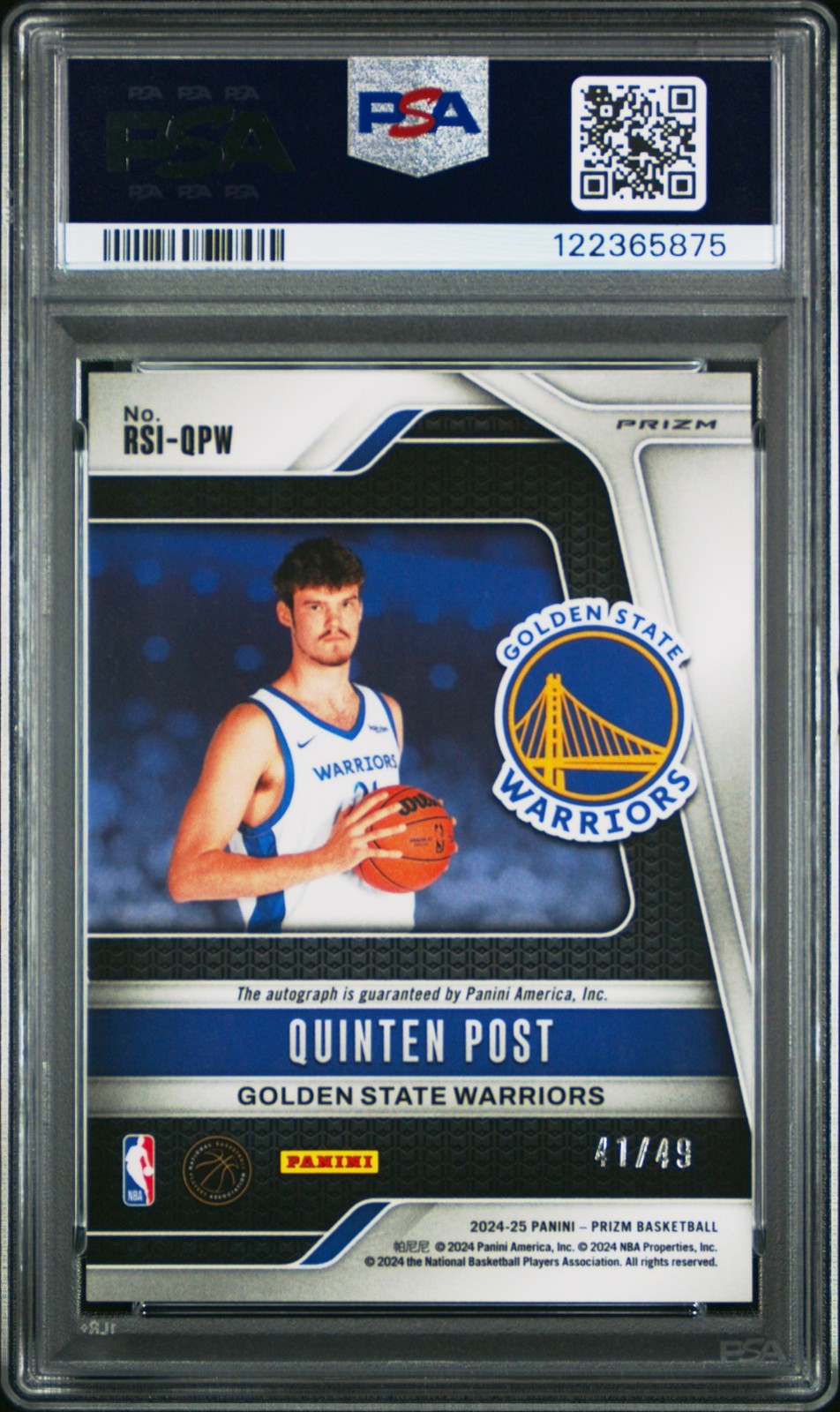 2024-25 Prizm Basketball Quinten Post Rookie Signatures Blue Auto /49 PSA 9 view 2