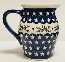Boleslawiec Polish Pottery White & Blue Pitcher Hand Made In Poland 48oz 6 3/4"