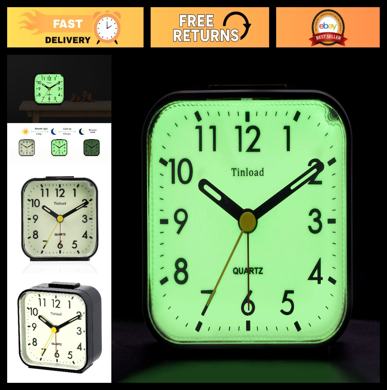 Small Battery Operated Travel Alarm Clock - Silent, Gentle Wake, Snooze, Glow in