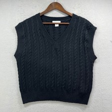 Cupcakes and Cashmere Sweater Vest Women M Black Chunky Cable Knit V Neck Preppy