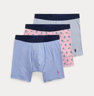 POLO RALPH LAUREN Boxer Briefs Mens Medium Blue Pink Stretch Classic Fit 3-Pack