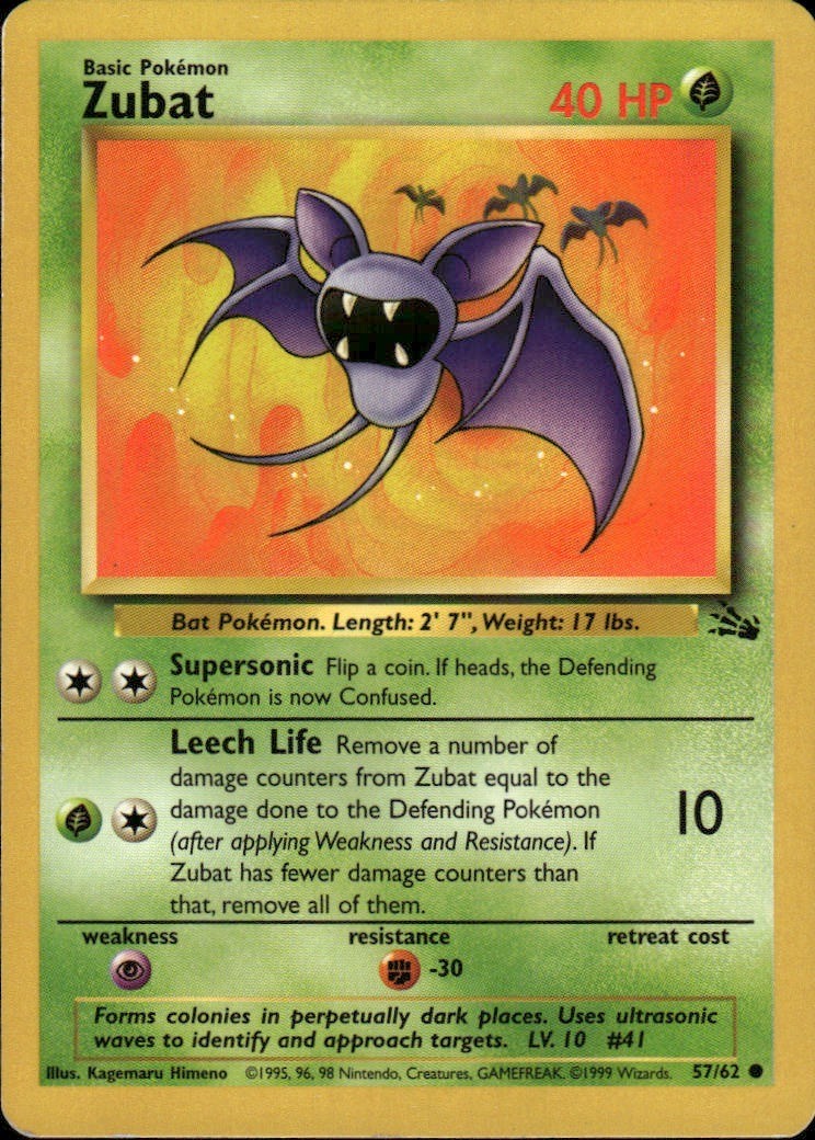 Zubat Common Fossil 57/62 Grass Unlimited Pokemon Card
