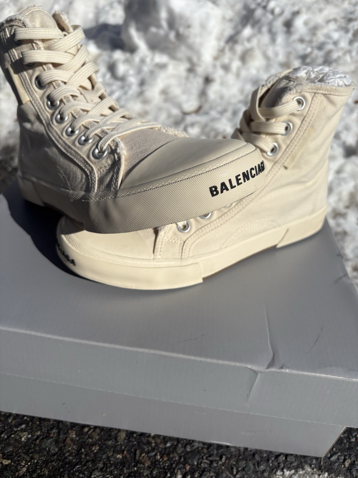 Balenciaga Men's Ivory Paris Distressed Canvas High-Top Sneakers Shoes 40 thumbnail 2