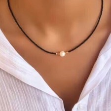 Black Beaded Choker with Pearl Waterproof Gold Necklace Summer Jewelry PRETTY