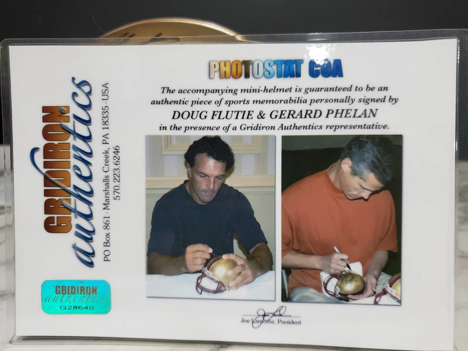 Doug Flutie Gerard Phelan Signed Boston College Mini Helmet "11-23-84" COA - Image 3 of 4