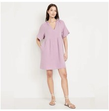 Old Navy S purple Crinkle Cut gauze, split Neck, short Sleeve Mini Swing Dress