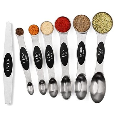 Magnetic Measuring Spoons Set Stainless Steel with Leveler, Stackable 7 Silver