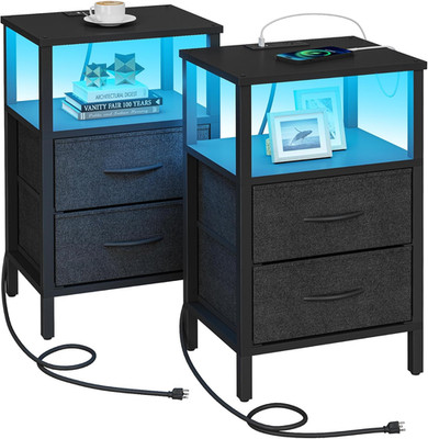 Set of 2 LED End Tables with Charging Station and Drawer, Black