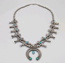 Vintage Turquoise Sterling Silver Petite Box Bow Squash Blossom Necklace 22