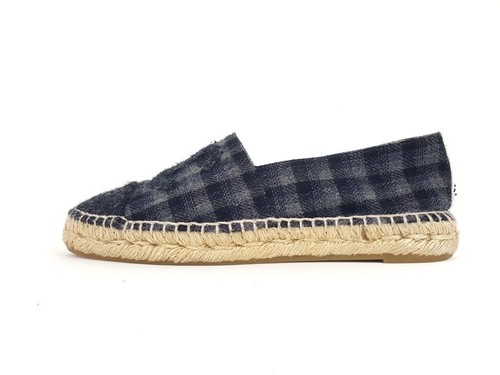 Chanel Flannel CC Dark Grey Black Plaid Espadrille Flats Shoes Size 37 - Picture 2 of 5
