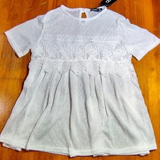 Boohoo Bella Crochet Detail Swing Top White Short Sleeve Women US 2 coquette