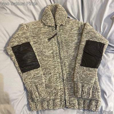 wings+horns Wool Zip-Up Sweater - Gray S, Leather Elbow Patches