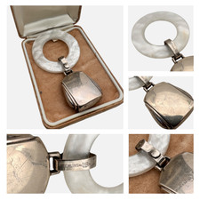 Vintage Sterling Silver Baby Teether & Rattle – Mother of Pearl, Engraved TODD