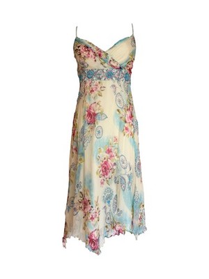 Rene Derhy White & Blue Multi Floral Sequinned Dress M