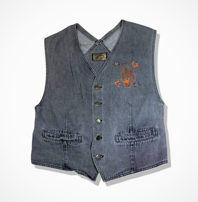 1990 s Armani Jeans Gold Label Denim Tiger Painted Print Waistcoat Size 50 (L)