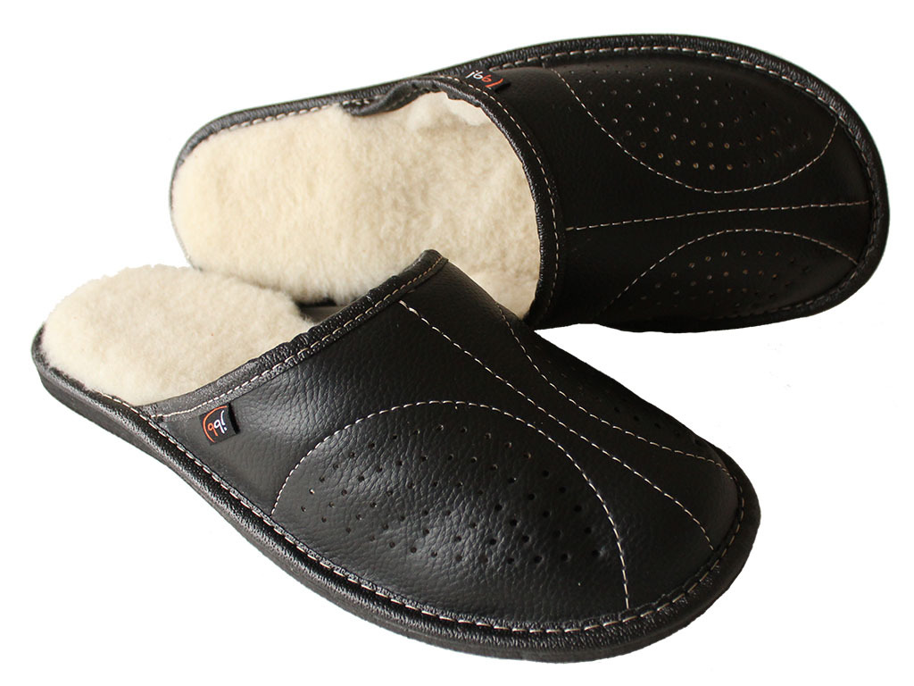 Men's Sheepskin Slippers Wool Black Leather Shoes Size Warm Moccasins