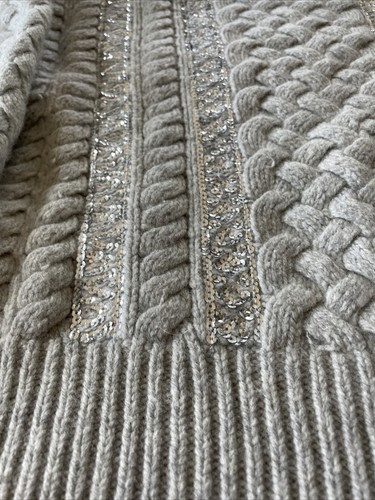 J Crew Cable-Knit Sequin Sweater Size L Wool Blend Gray Crewneck Style - Picture 2 of 7