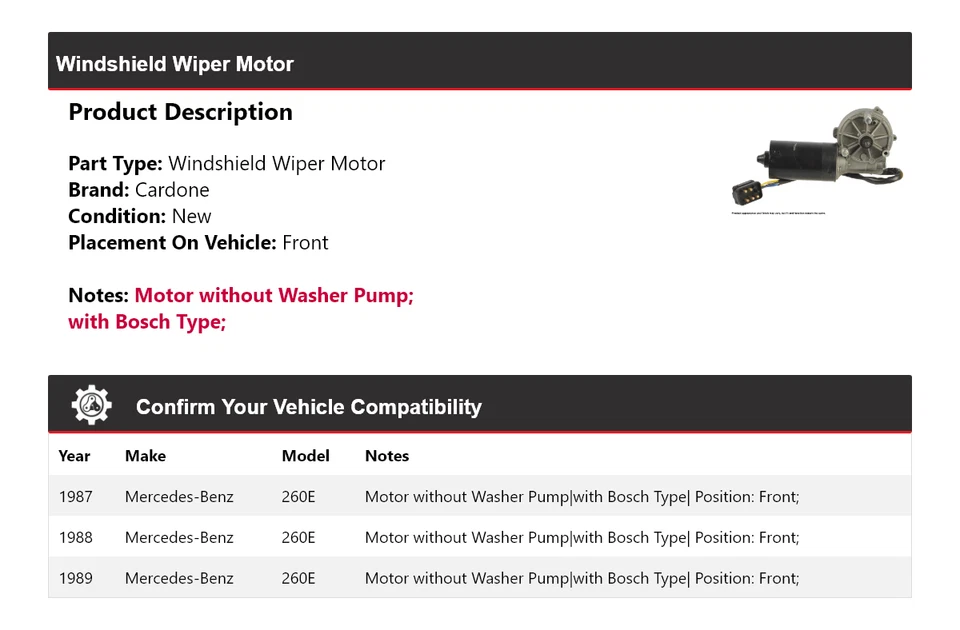 Motor limpiaparabrisas delantero cardone 1988 para Mercedes-Benz 260E 1987-1989 Foto 2 de 4