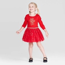 Christmas Dress Girl Tulle Skirt Sparkly Red Gold Cat  Jack Toddler 2T