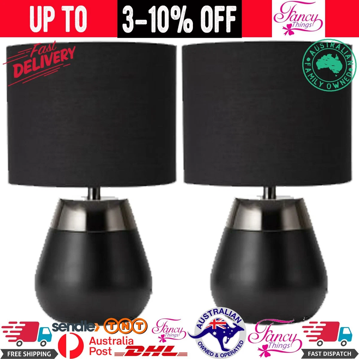 2x Bedside Touch Lamps Modern Table Desk Light Black Silver Base
