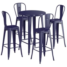 30" Round Navy Metal Restaurant Bar Table Set with 4 Cafe Barstool Chairs