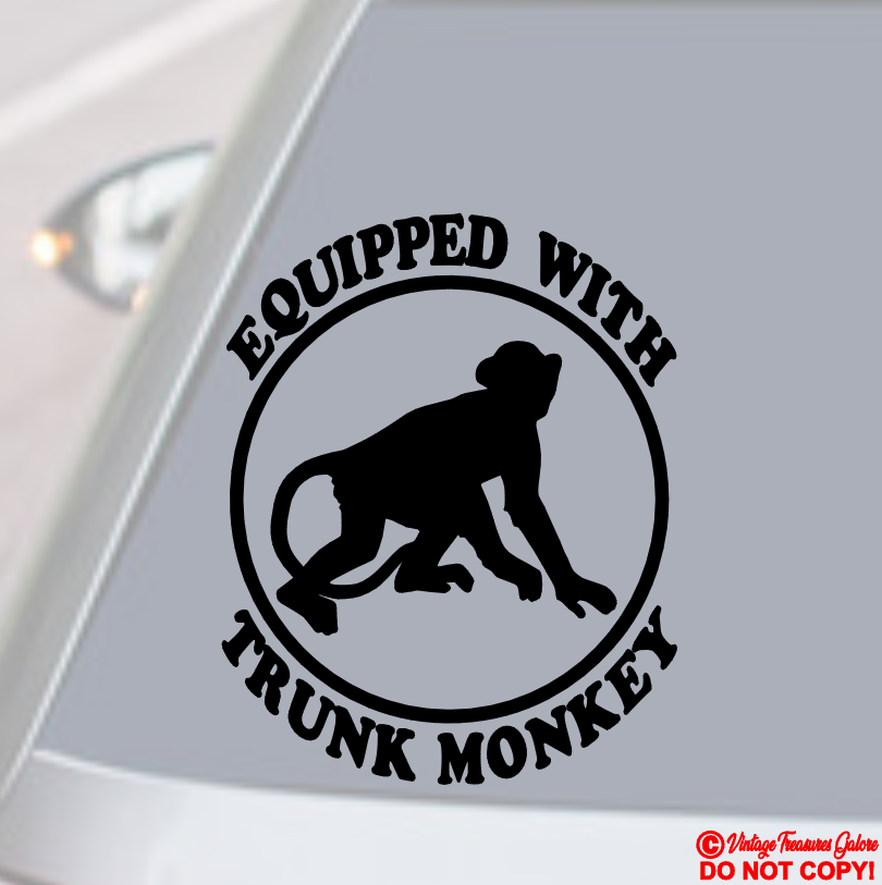 EQUIPPED WITH TRUNK MONKEY VINYL DECAL CAR REAR BACK WINDOW BUMPER