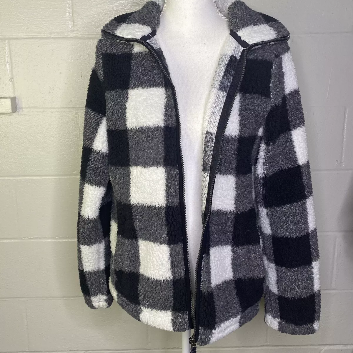 Members Mark Cozy Sherpa Full Zip Fleece Black White Buffalo Check