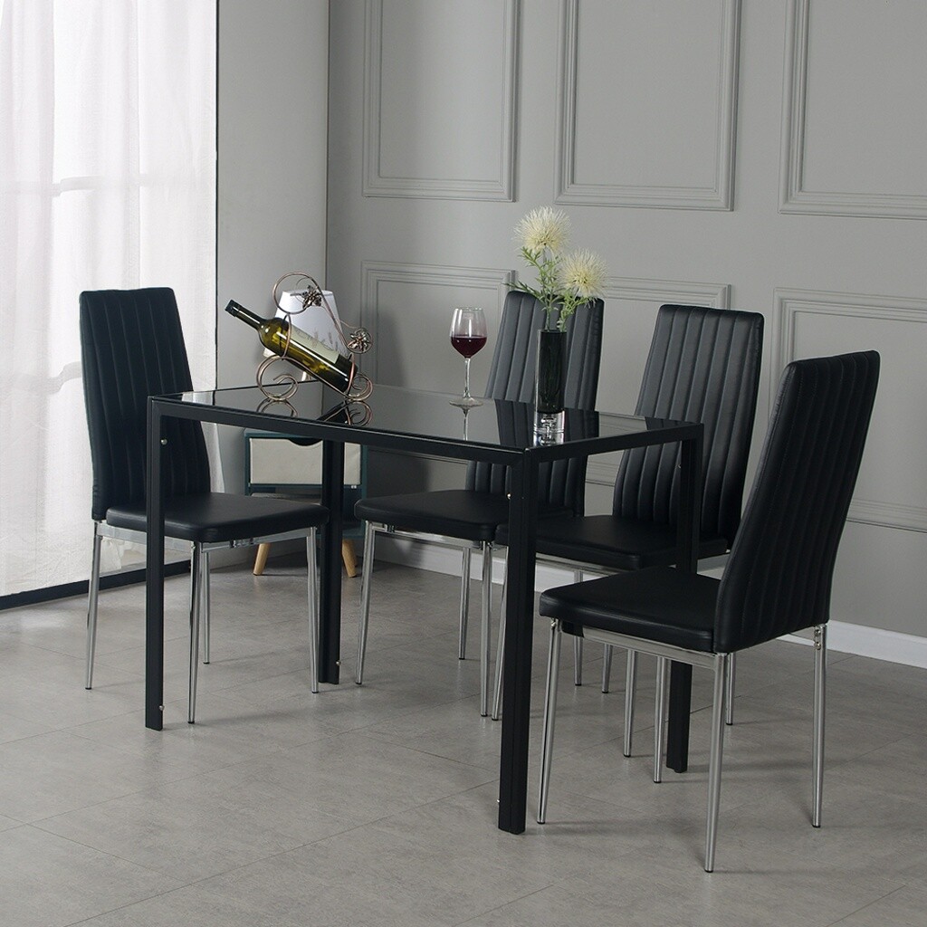 Small Black Dining Table and 4 Chairs Chrome Legs Compact Set Home