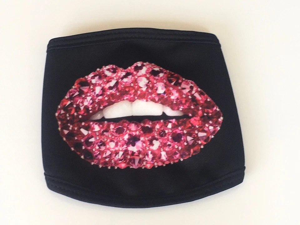 Big Ruby Red Lips w/3D Printed Rhinestones Face Mask/Cover Washable Reusable - Image 2 of 4
